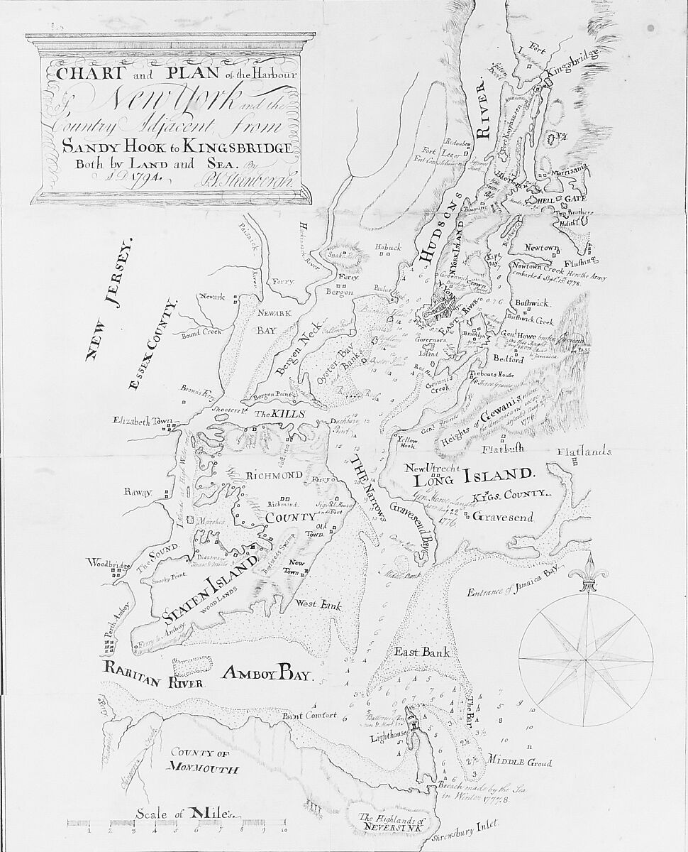 Chart and Plan of the Harbour of New York, Possibly Peter Van Steenbergh, Pen and iron-gall ink on off-white laid paper, American