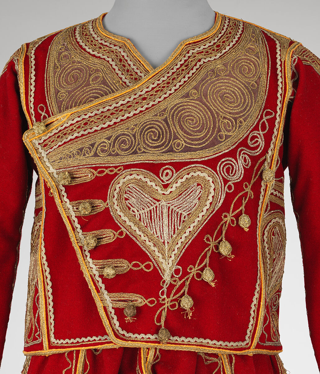 Ensemble, Wool, metal wrapped thread; embroidered