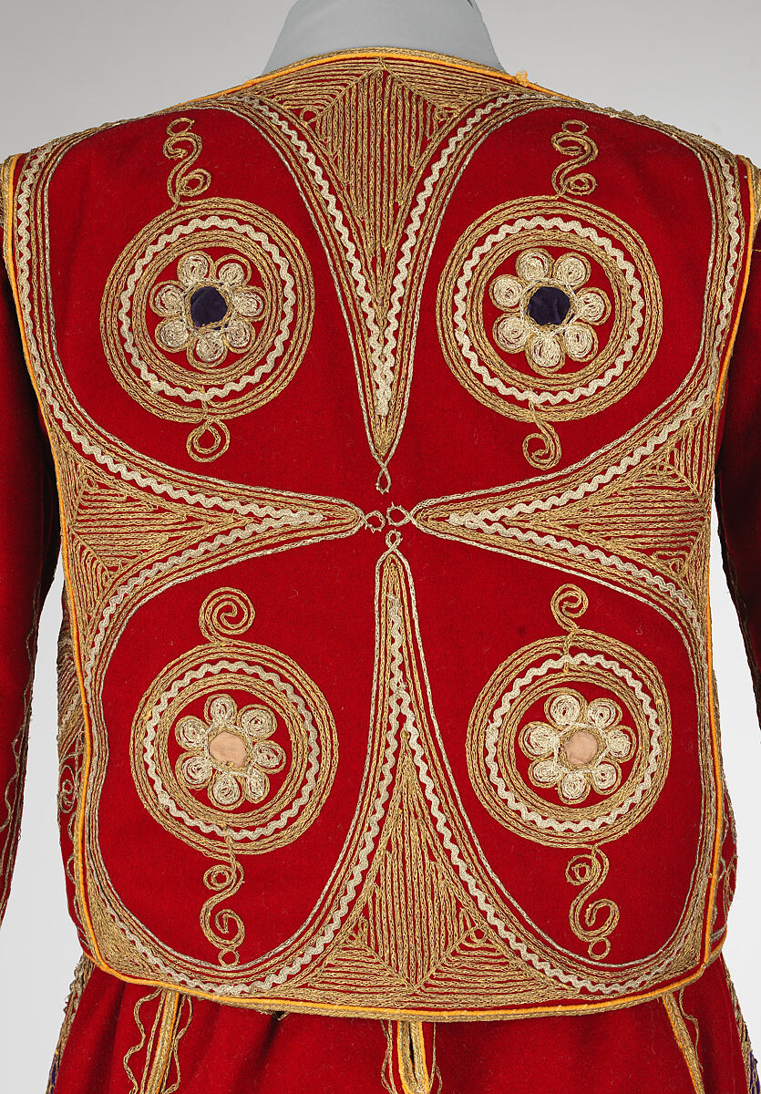 Ensemble, Wool, metal wrapped thread; embroidered
