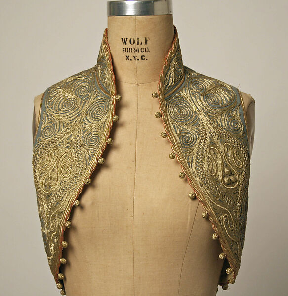 Vest, Wool, metal wrapped thread; embroidered 