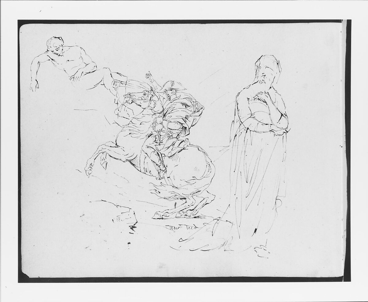 Sketchbook of Figure Studies, Thomas Sully (American, Horncastle, Lincolnshire 1783–1872 Philadelphia, Pennsylvania), Cardboard (cover)
Drawings in ink, wash, and graphite on light brown laid paper with fibers of mixed composition (sheets), American