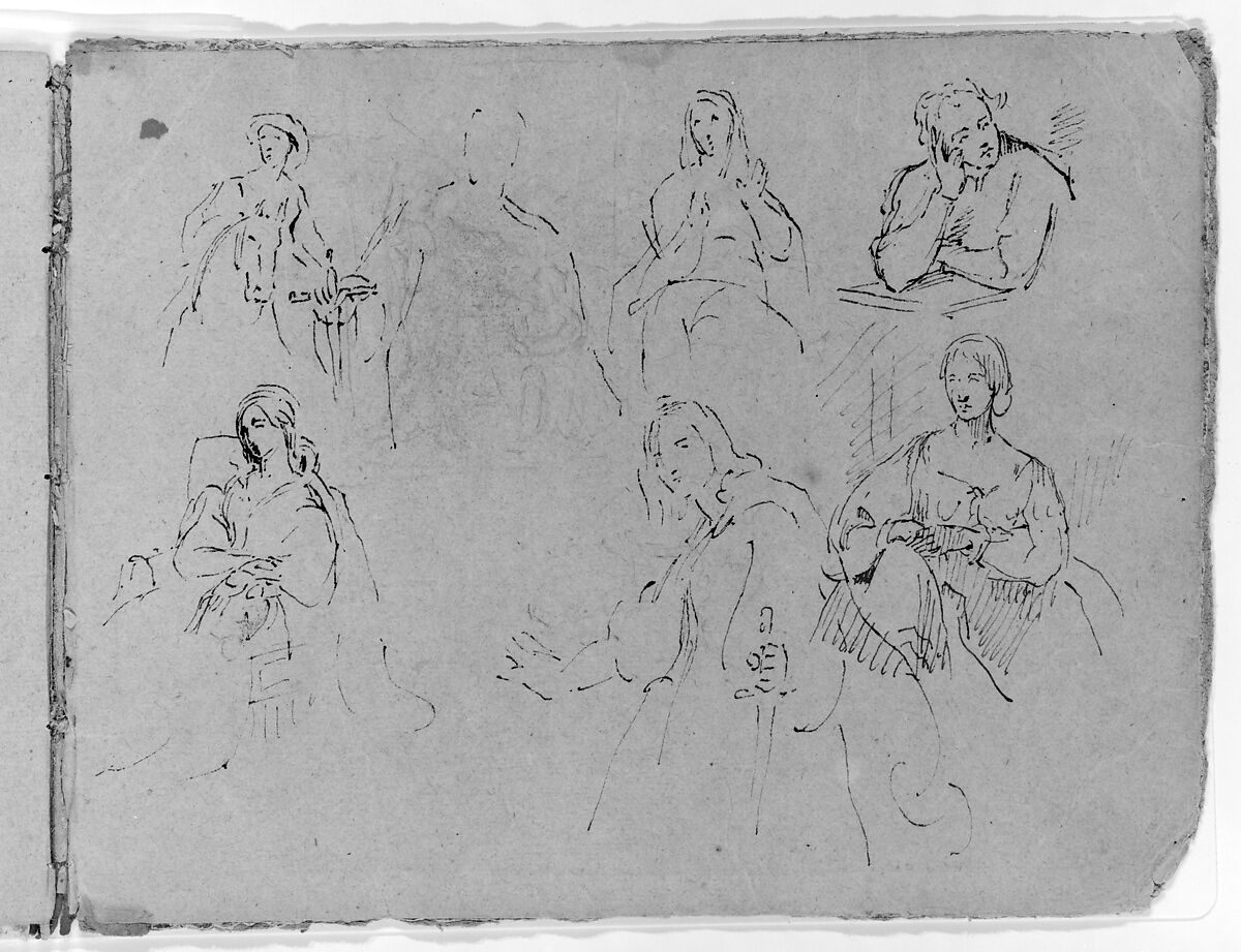Sketchbook of Figure Studies, Thomas Sully (American, Horncastle, Lincolnshire 1783–1872 Philadelphia, Pennsylvania), Cardboard (cover)
Drawings in ink, wash, and graphite on light brown laid paper with fibers of mixed composition (sheets), American