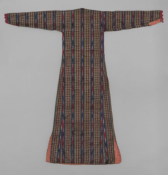 Woman's Entari Robe, Silk, cotton, and metal wrapped thread; satin weave, ikat; plain weave, printed; braided