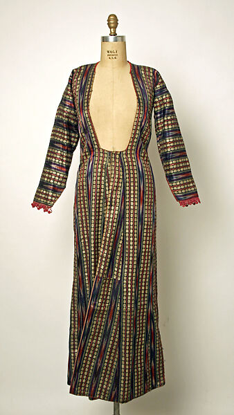 Woman's Entari Robe, Silk, cotton, and metal wrapped thread; satin weave, ikat; plain weave, printed; braided 