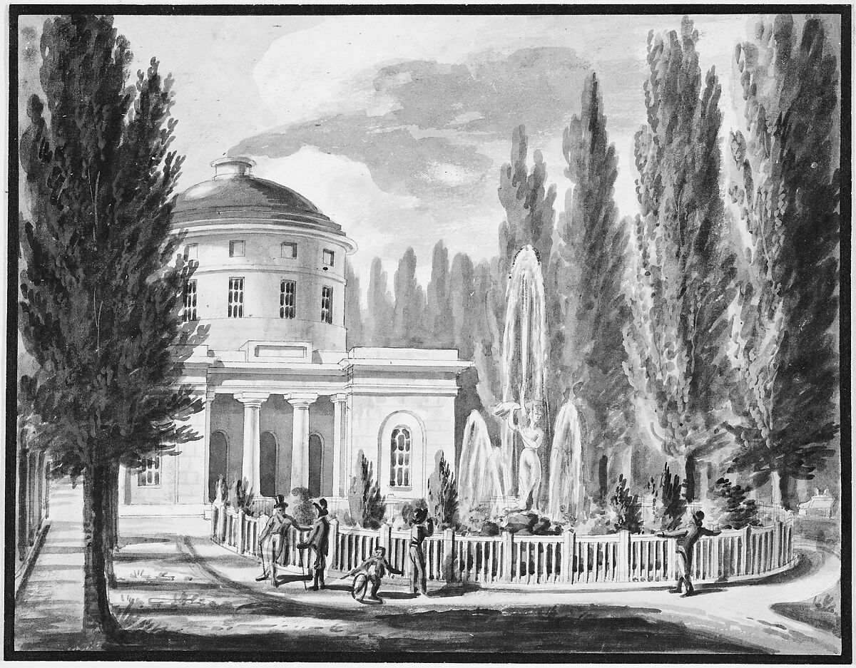 Centre Square and the Marble Water Works, Philadelphia, Pavel Petrovich Svinin (1787/88–1839), Watercolor, gouache, pen and black ink, and graphite on off-white laid paper, American