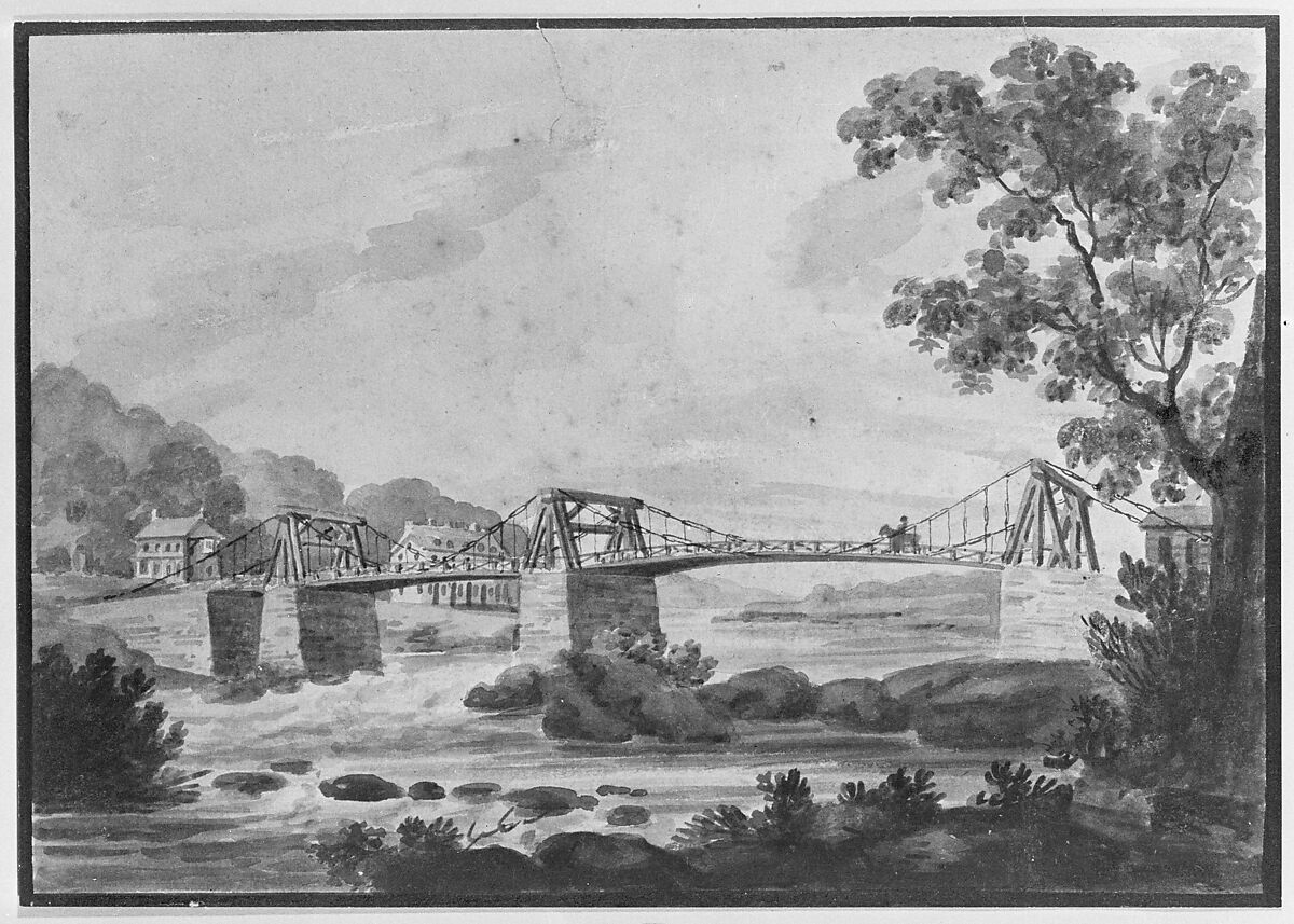 The Falls of the Schuylkill and Chain Bridge, Pavel Petrovich Svinin (1787/88–1839), Watercolor and gouache on off-white wove paper, American