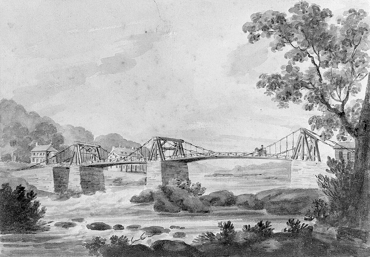 The Falls of the Schuylkill and Chain Bridge, Pavel Petrovich Svinin (1787/88–1839), Watercolor and gouache on off-white wove paper, American 