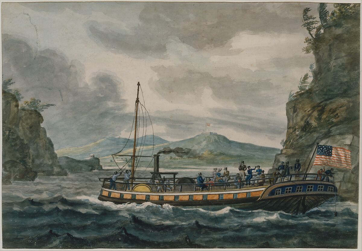 Steamboat Travel on the Hudson River, Pavel Petrovich Svinin (1787/88–1839), Watercolor and gouache on white wove paper, American 