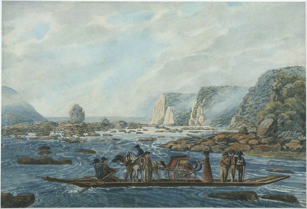 A Ferry Scene on the Susquehanna at Wright's Ferry, near Havre de Grace, Pavel Petrovich Svinin (1787/88–1839), Watercolor, gouache, and black chalk on white wove paper, American 