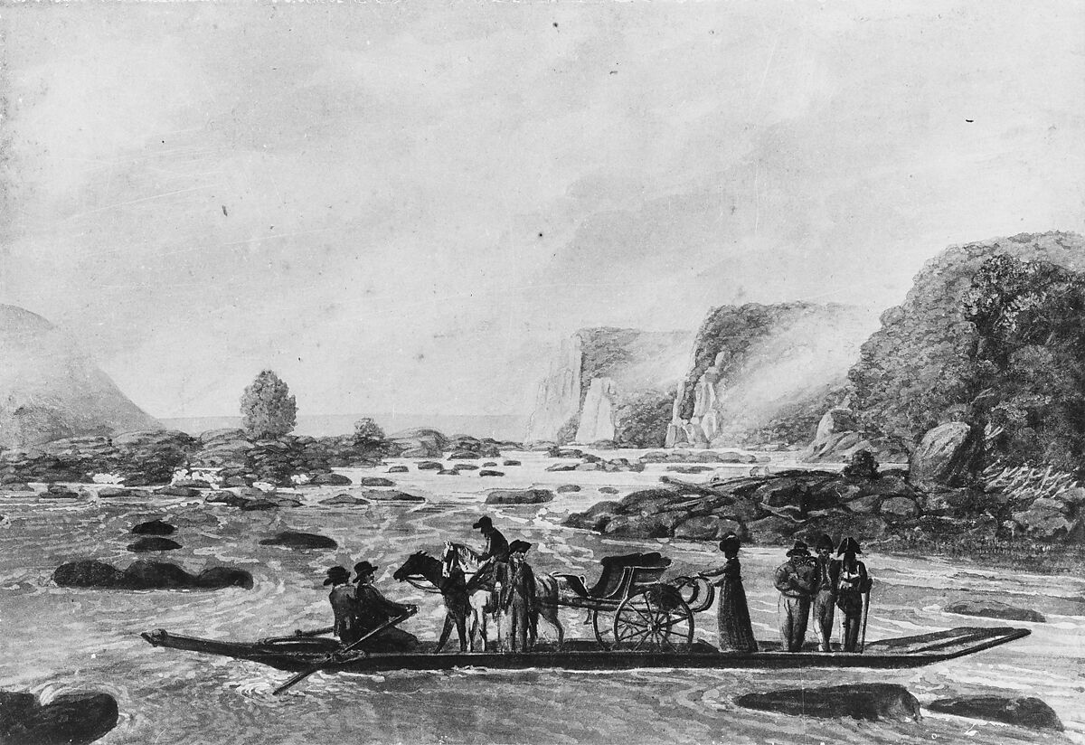 A Ferry Scene on the Susquehanna at Wright's Ferry, near Havre de Grace, Pavel Petrovich Svinin (1787/88–1839), Watercolor, gouache, and black chalk on white wove paper, American