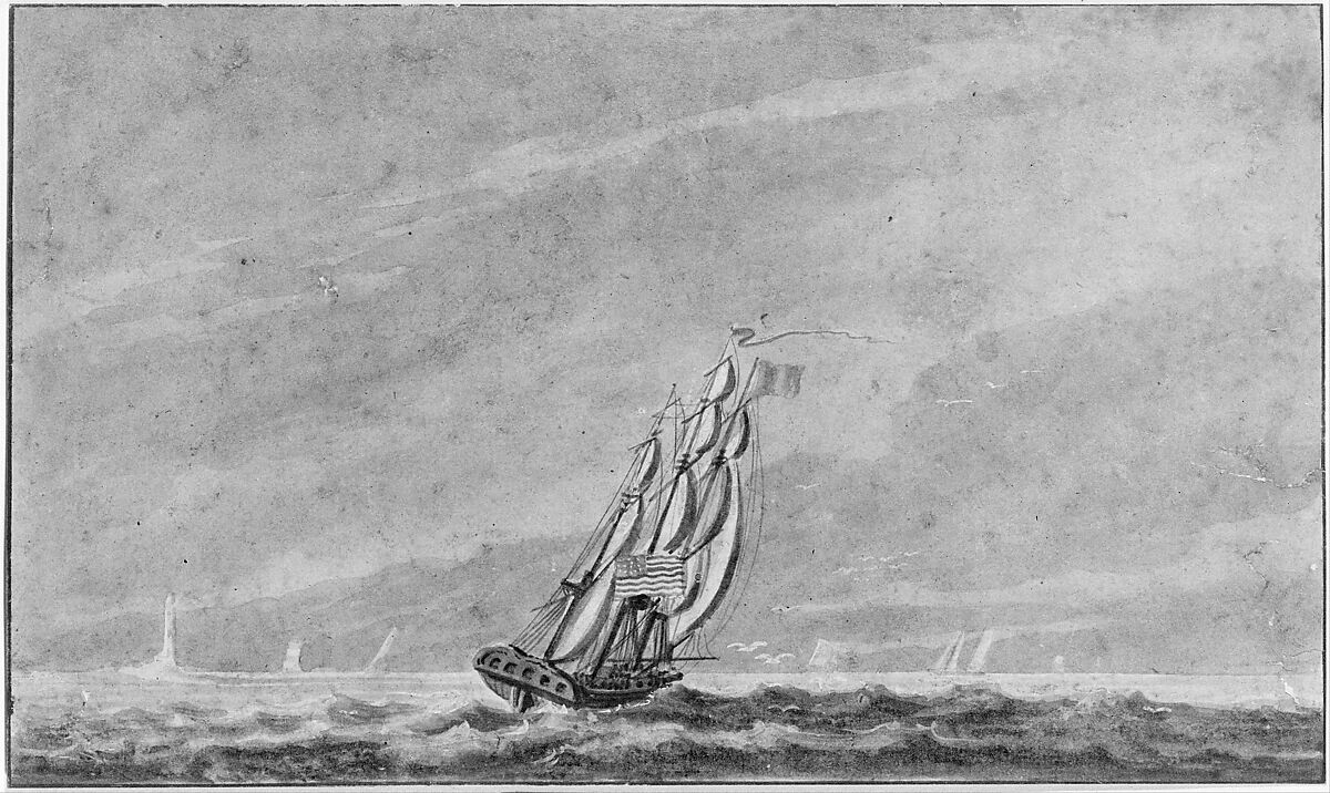 Full Sail off Sandy Hook—Entrance to New York Harbor, Pavel Petrovich Svinin (1787/88–1839), Watercolor, gouache, and lead white on white wove paper, American