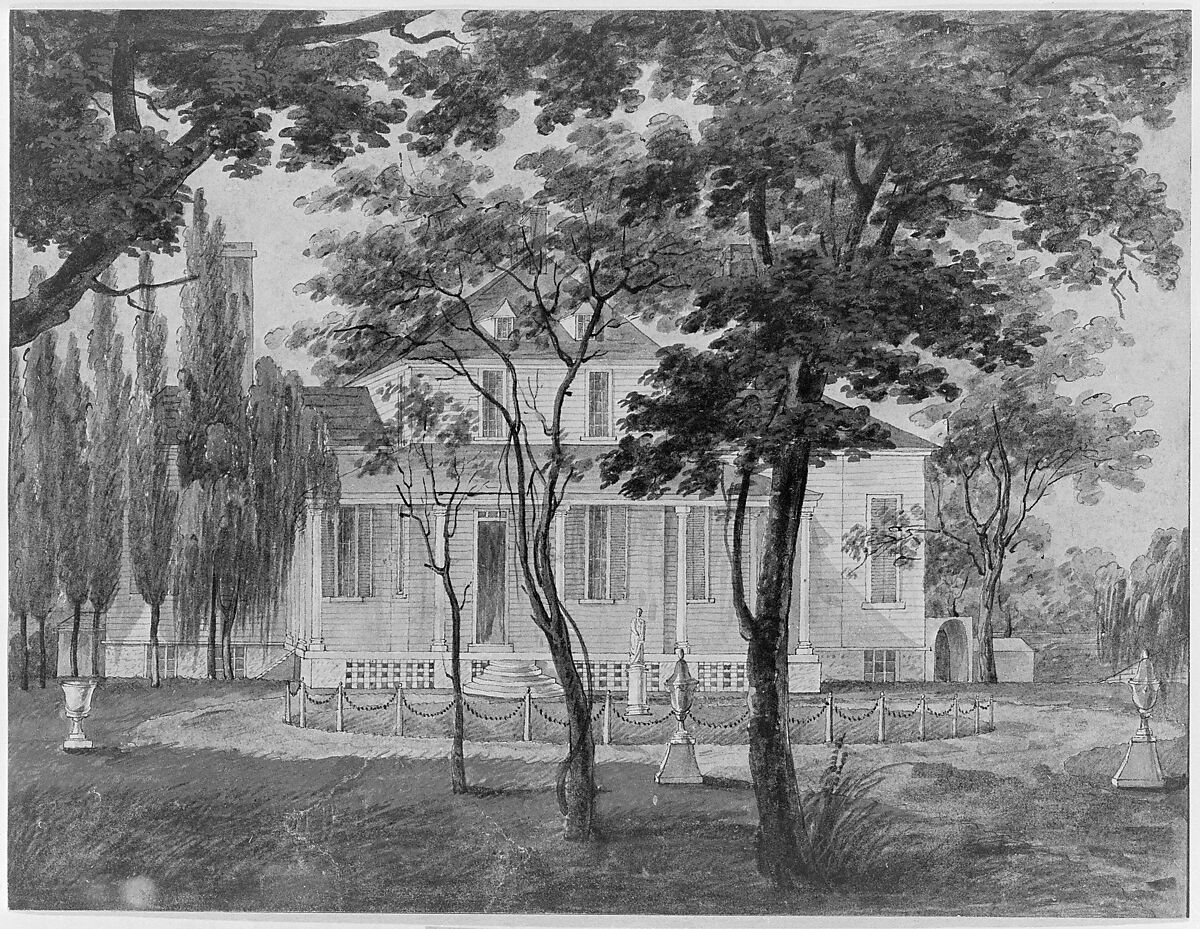 A Country Residence, Possibly General Moreau's Country House at Morrisville, Pennsylvania, Pavel Petrovich Svinin (1787/88–1839), Watercolor and gouache on white wove paper, American