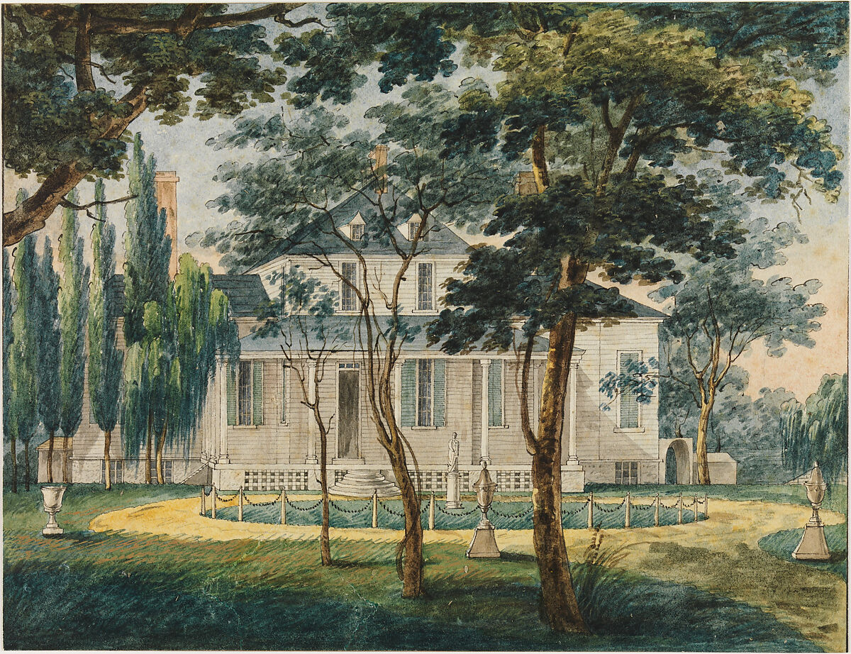 A Country Residence, Possibly General Moreau's Country House at Morrisville, Pennsylvania, Pavel Petrovich Svinin (1787/88–1839), Watercolor and gouache on white wove paper, American 
