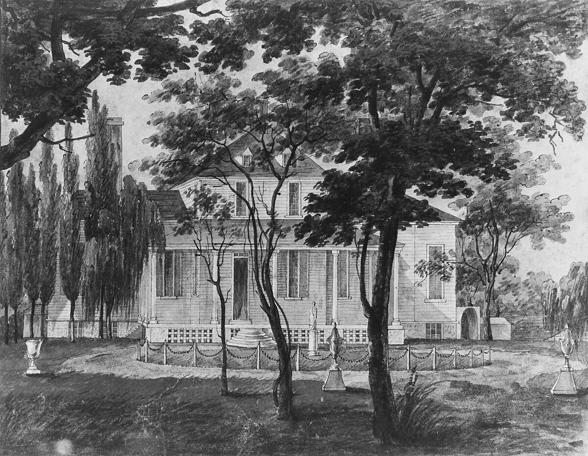 A Country Residence, Possibly General Moreau's Country House at Morrisville, Pennsylvania, Pavel Petrovich Svinin (1787/88–1839), Watercolor and gouache on white wove paper, American