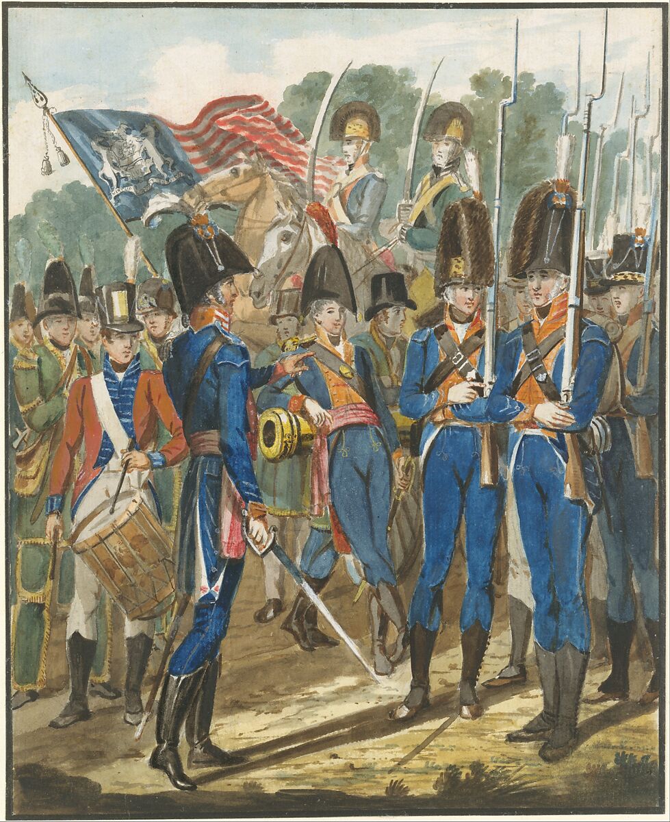 Members of the City Troop and Other Philadelphia Soldiery, John Lewis Krimmel (1786–1821), Watercolor, gouache, and graphite on white laid paper, American 