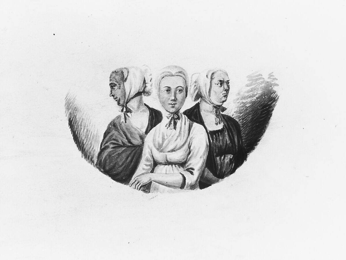 Moravian Sisters, Pavel Petrovich Svinin (1787/88–1839), Watercolor, black chalk, and lead-white gouache on white wove paper, American 