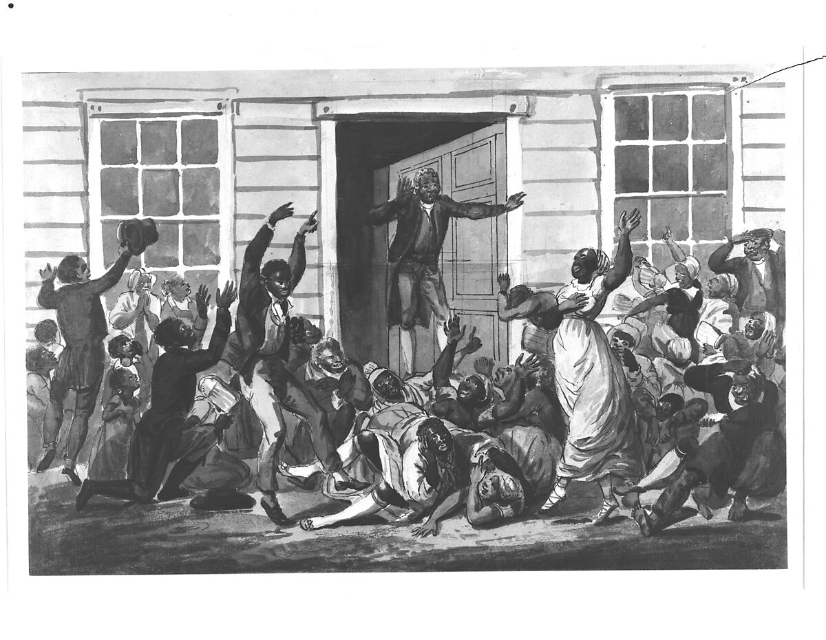 Black Methodists Holding a Prayer Meeting, Pavel Petrovich Svinin (1787/88–1839), Watercolor and pen and black ink on off-white wove paper, American