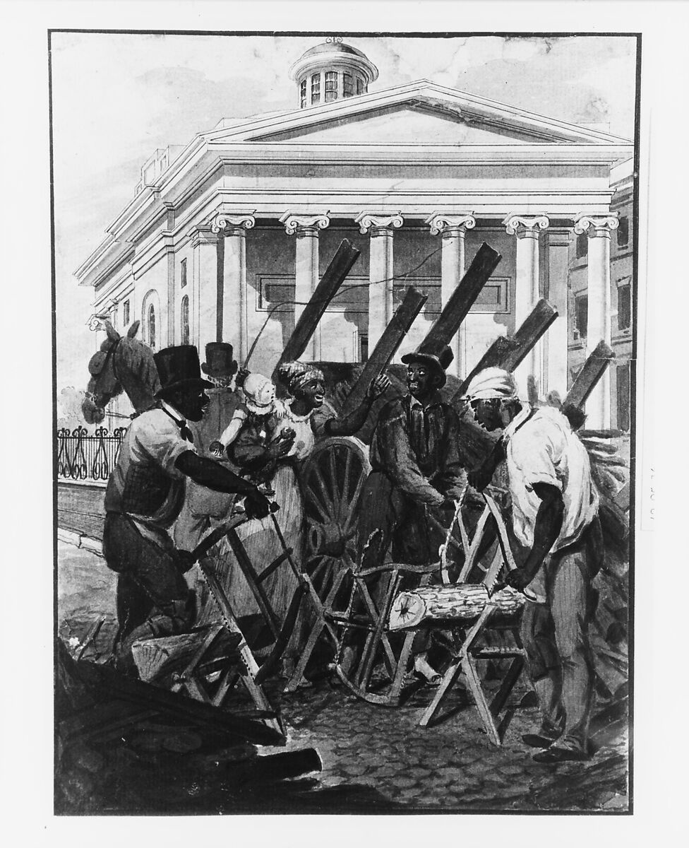Black Sawyers Working in front of the Bank of Pennsylvania, Philadelphia, Attributed to John Lewis Krimmel (1786–1821), Watercolor and graphite on white laid paper, American