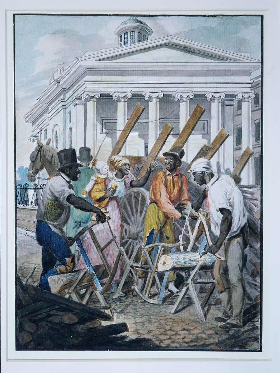 Black Sawyers Working in front of the Bank of Pennsylvania, Philadelphia, Attributed to John Lewis Krimmel (1786–1821), Watercolor and graphite on white laid paper, American