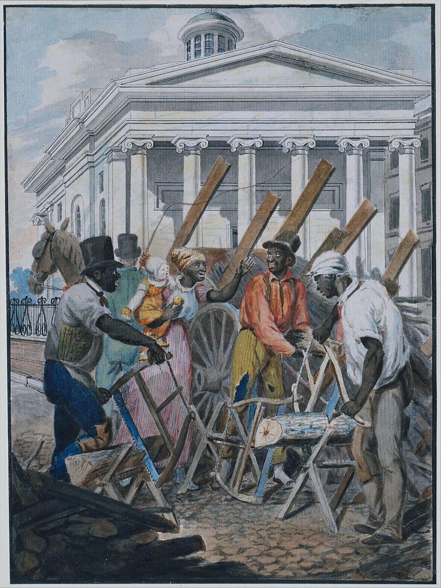 Black Sawyers Working in front of the Bank of Pennsylvania, Philadelphia, Attributed to John Lewis Krimmel (1786–1821), Watercolor and graphite on white laid paper, American 
