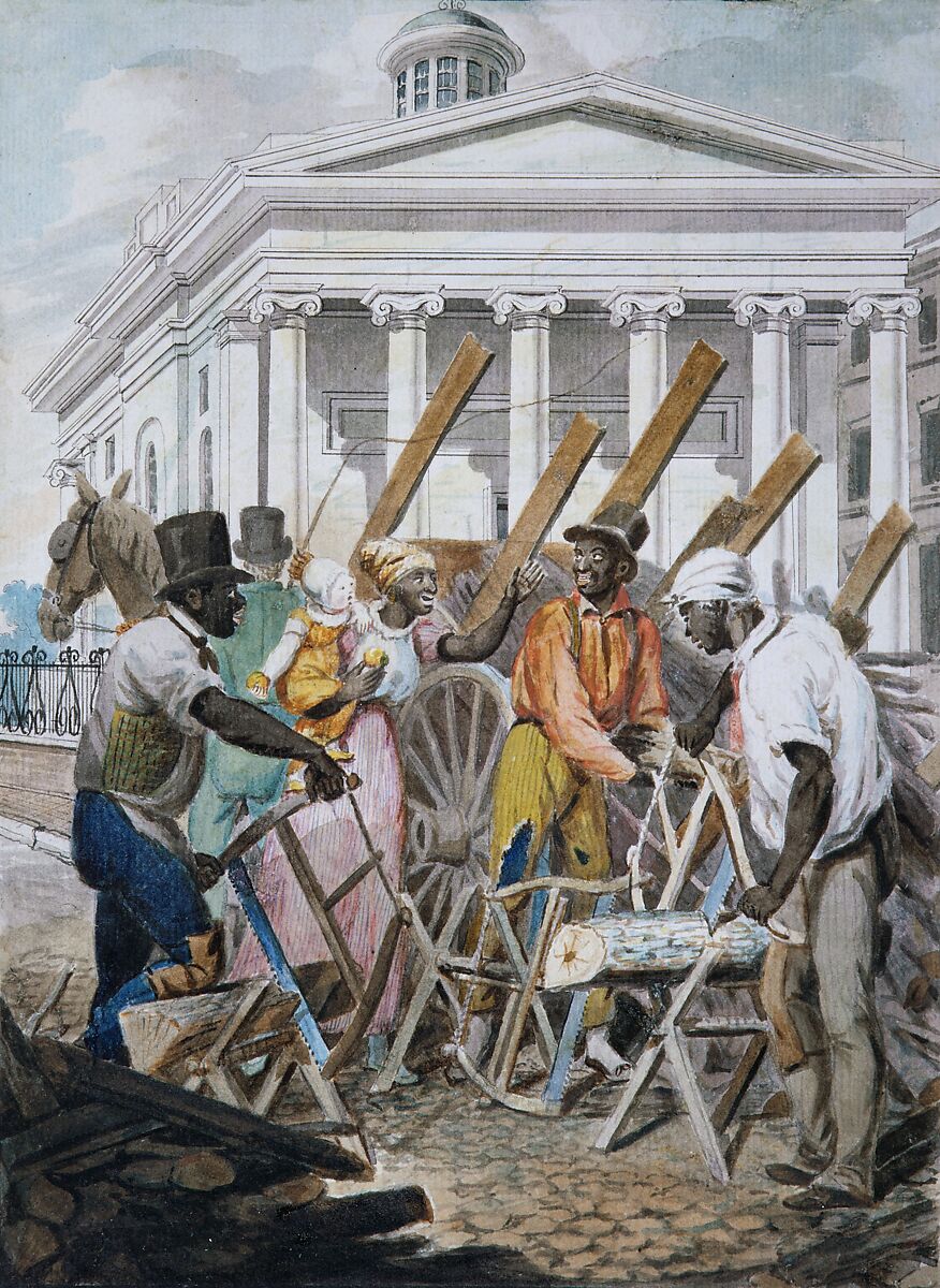 Black Sawyers Working in front of the Bank of Pennsylvania, Philadelphia, Attributed to John Lewis Krimmel (1786–1821), Watercolor and graphite on white laid paper, American