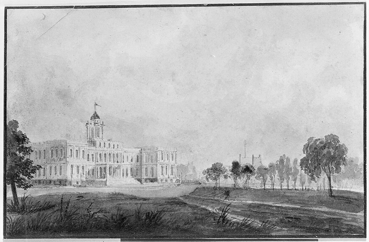 The New City Hall, New York, Pavel Petrovich Svinin (1787/88–1839), Watercolor and black chalk on off-white wove paper, American
