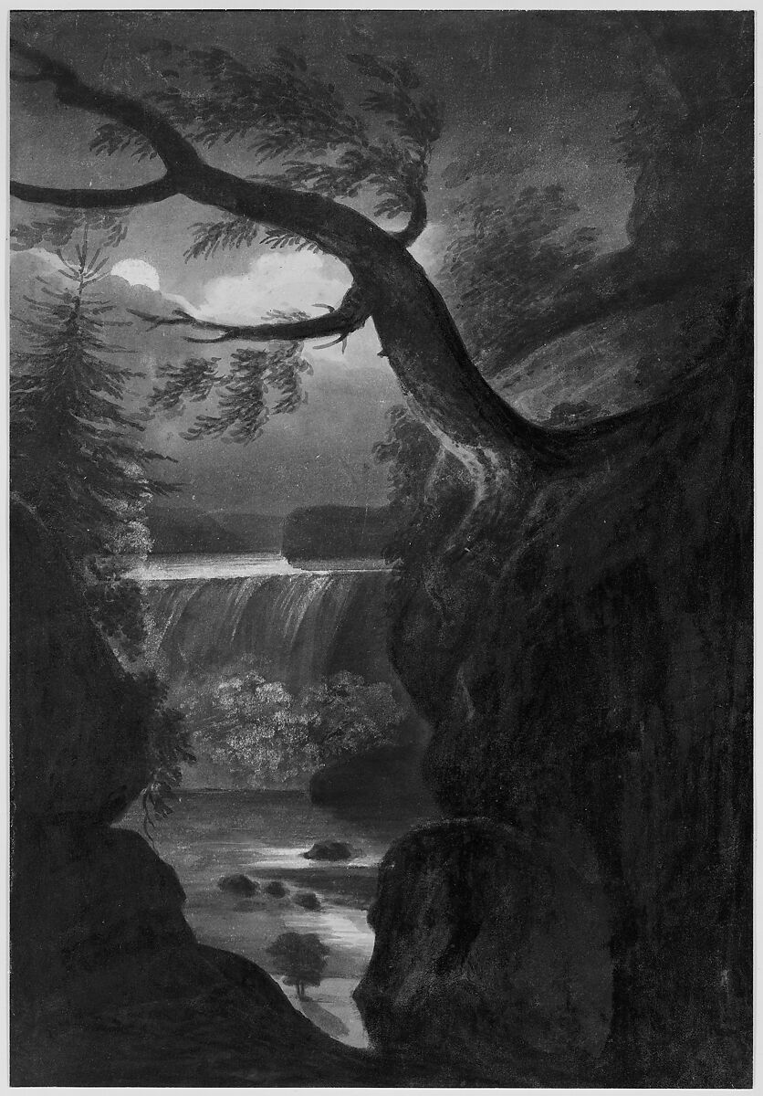 Niagara Falls—Canadian Side by Moonlight, Pavel Petrovich Svinin (1787/88–1839), Watercolor, transparent coating, and sgraffito on white wove paper, American