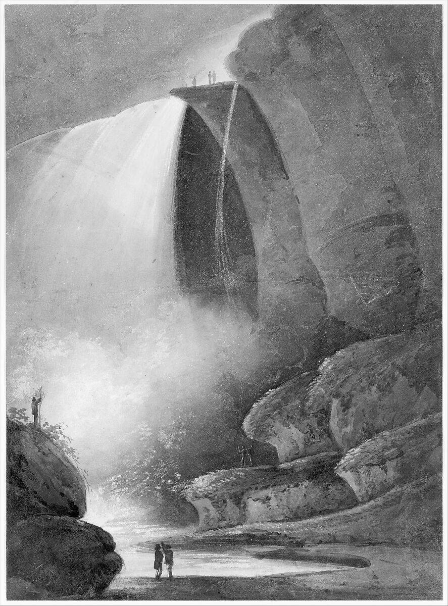 Niagara Falls—Table Rock by Moonlight, Pavel Petrovich Svinin (1787/88–1839), Watercolor, gouache, and sgraffito on white wove paper, American