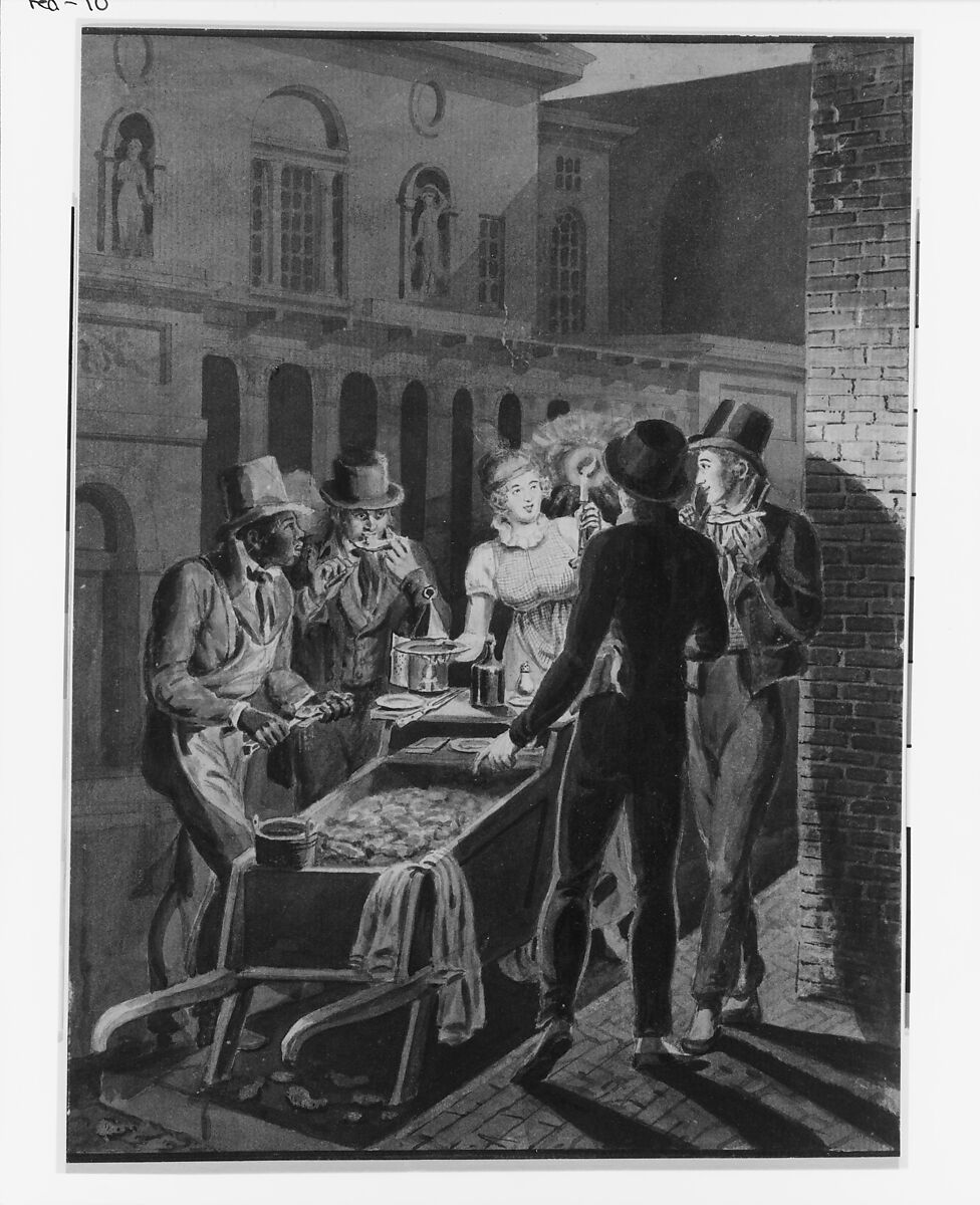Nightlife in Philadelphia—an Oyster Barrow in front of the Chestnut Street Theater, Attributed to John Lewis Krimmel (1786–1821), Watercolor and graphite on white laid paper, American