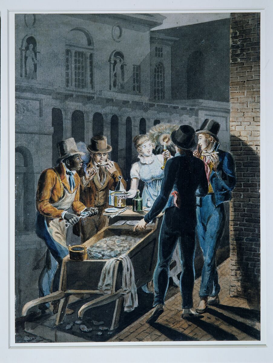 Nightlife in Philadelphia—an Oyster Barrow in front of the Chestnut Street Theater, Attributed to John Lewis Krimmel (1786–1821), Watercolor and graphite on white laid paper, American