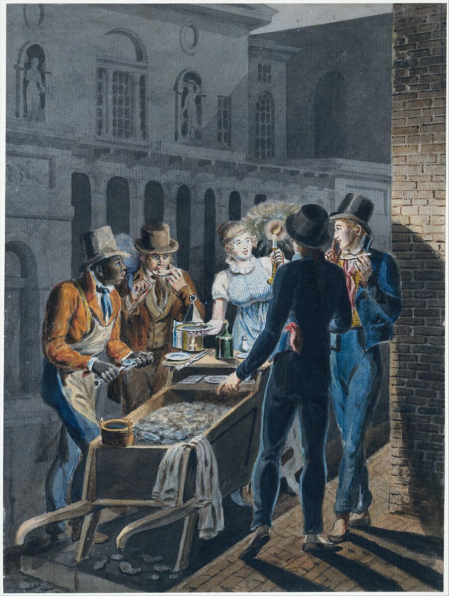 Nightlife in Philadelphia—an Oyster Barrow in front of the Chestnut Street Theater, Attributed to John Lewis Krimmel (1786–1821), Watercolor and graphite on white laid paper, American 