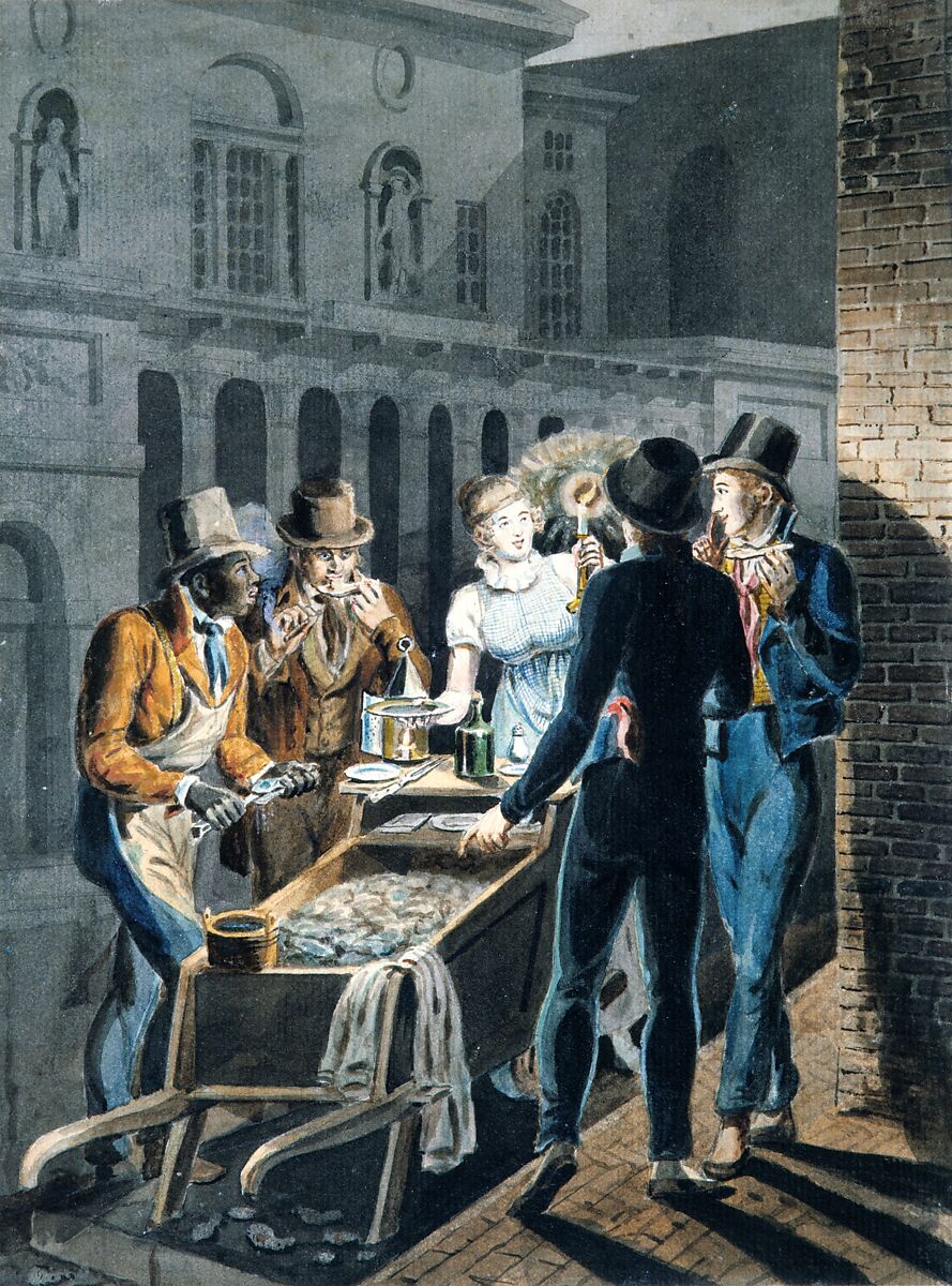 Nightlife in Philadelphia—an Oyster Barrow in front of the Chestnut Street Theater, Attributed to John Lewis Krimmel (1786–1821), Watercolor and graphite on white laid paper, American