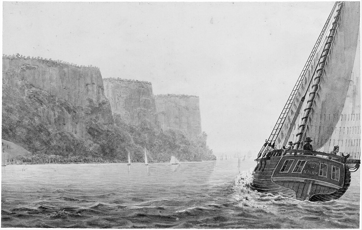 The Packet "Mohawk of Albany" Passing the Palisades, Pavel Petrovich Svinin (1787/88–1839), Watercolor and gouache on off-white wove paper, American