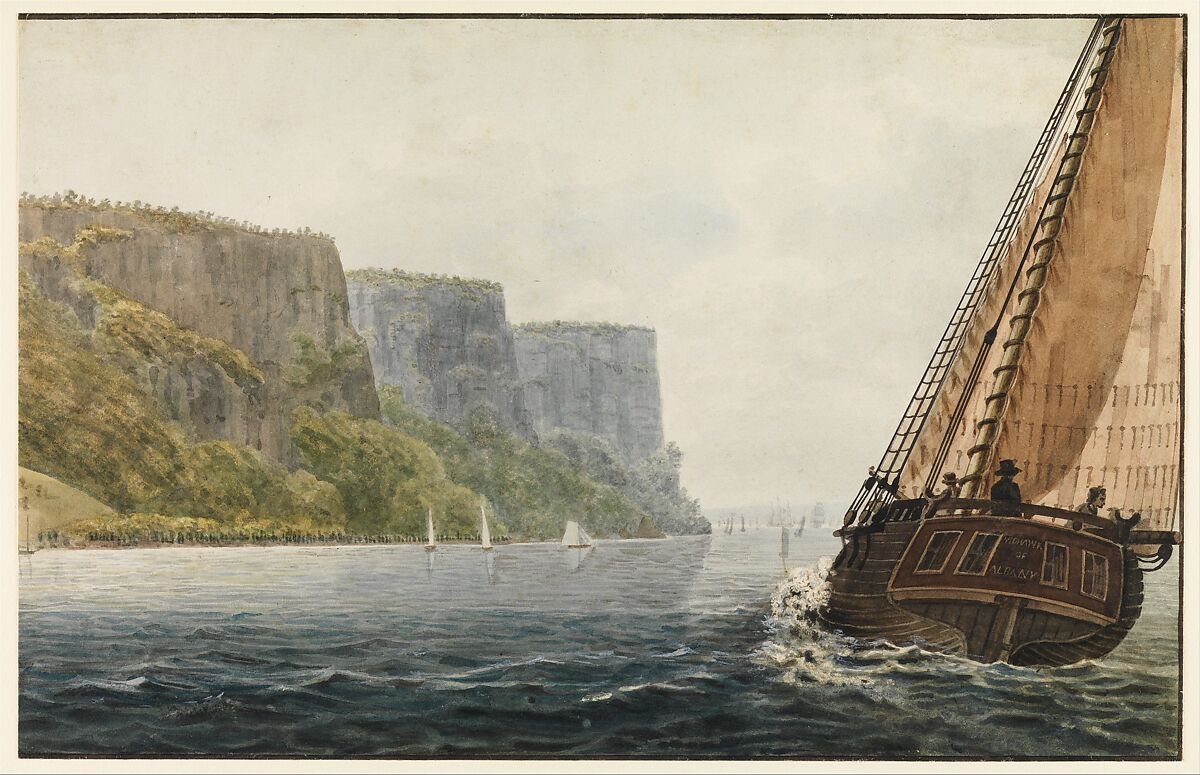 The Packet "Mohawk of Albany" Passing the Palisades, Pavel Petrovich Svinin (1787/88–1839), Watercolor and gouache on off-white wove paper, American 