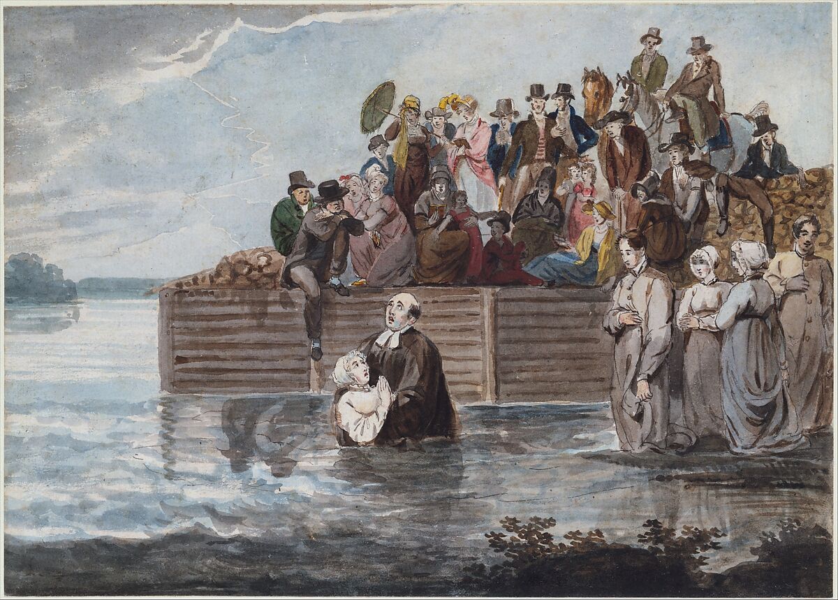 A Philadelphia Anabaptist Immersion during a Storm, Pavel Petrovich Svinin (1787/88–1839), Watercolor and pen and black ink on white wove paper, American 