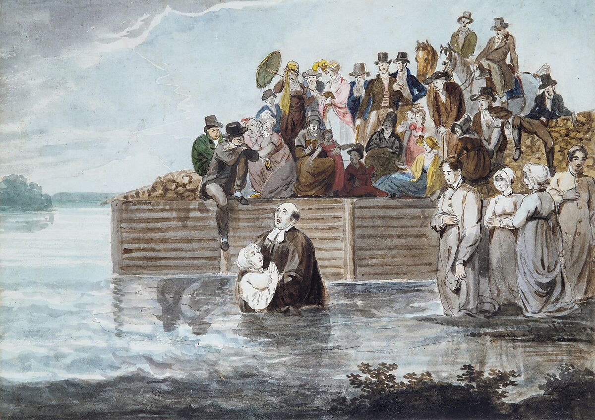 A Philadelphia Anabaptist Immersion during a Storm, Pavel Petrovich Svinin (1787/88–1839), Watercolor and pen and black ink on white wove paper, American