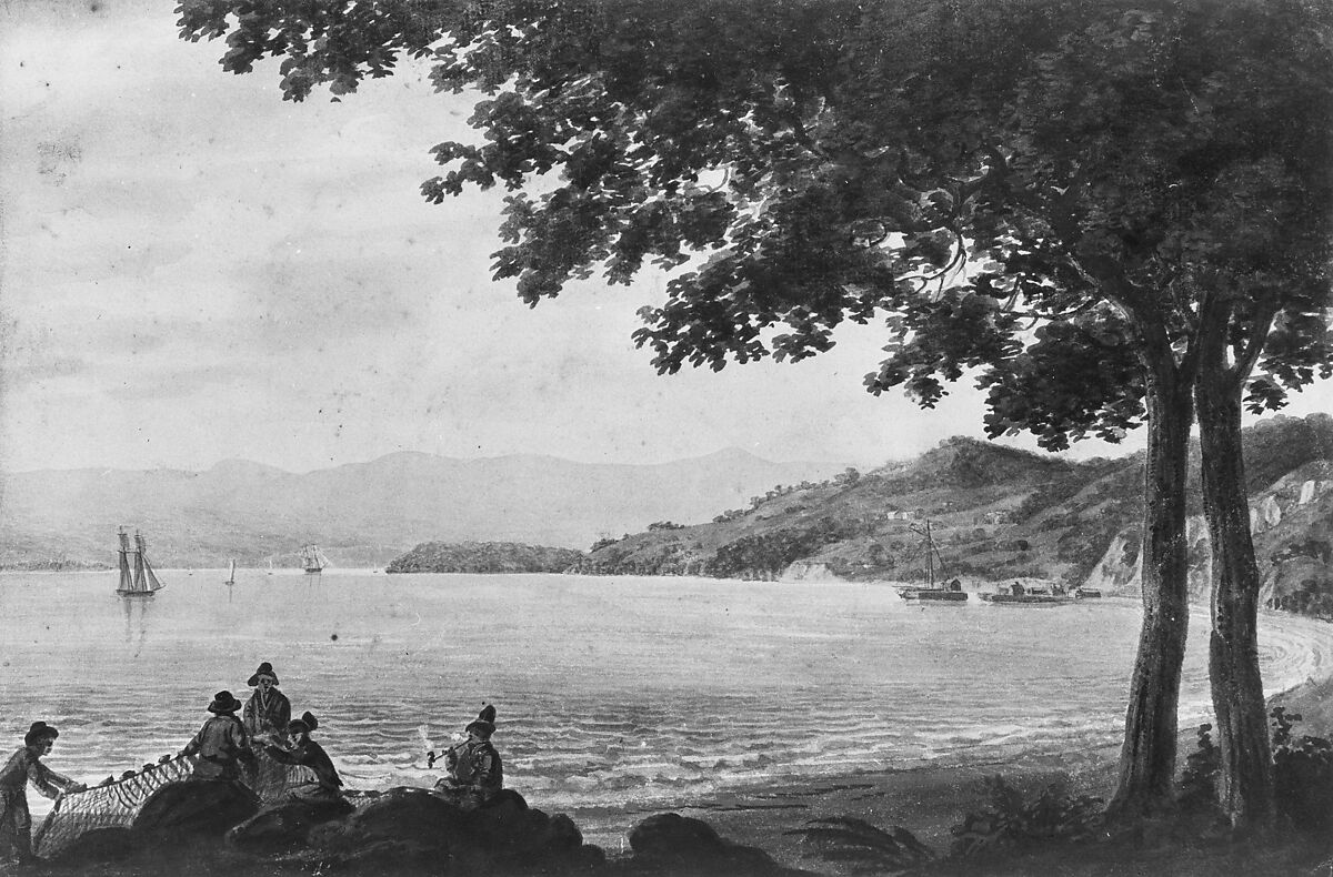 Shad Fishermen on the Shore of the Hudson River, Pavel Petrovich Svinin (1787/88–1839), Watercolor on off-white wove paper, American