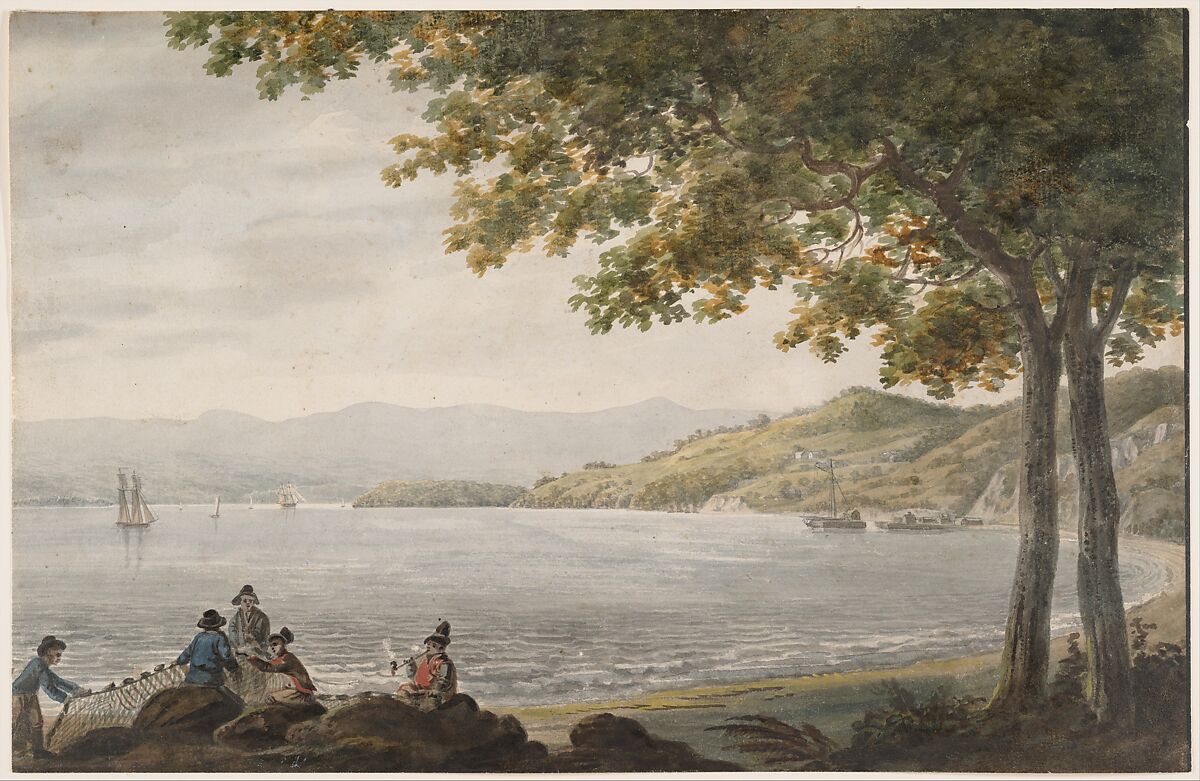 Shad Fishermen on the Shore of the Hudson River, Pavel Petrovich Svinin (1787/88–1839), Watercolor on off-white wove paper, American 