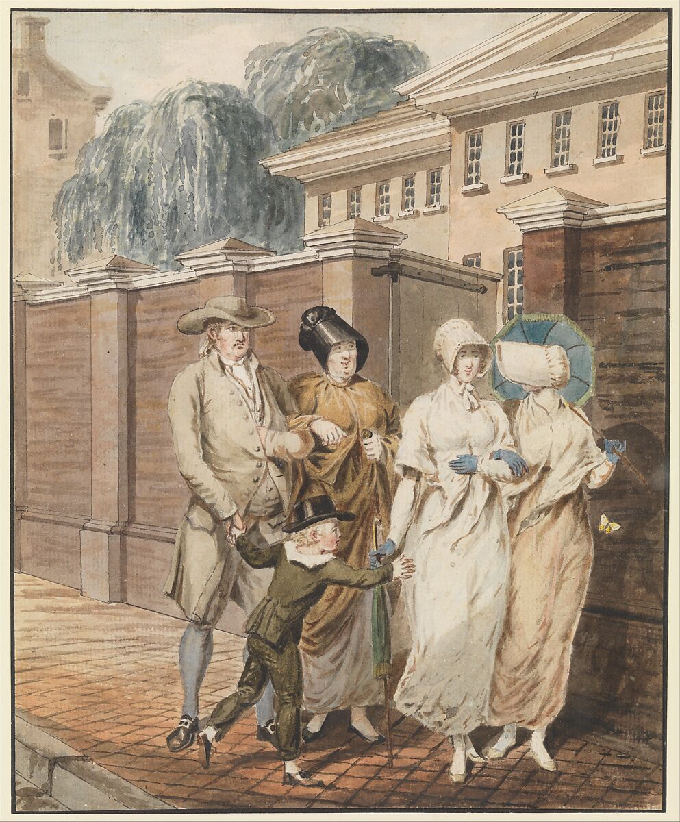 Sunday Morning in front of the Arch Street Meeting House, Philadelphia, Attributed to John Lewis Krimmel (1786–1821), Watercolor, black ink, and graphite on white laid paper, American 