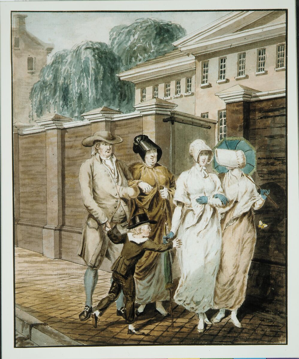 Sunday Morning in front of the Arch Street Meeting House, Philadelphia, Attributed to John Lewis Krimmel (1786–1821), Watercolor, black ink, and graphite on white laid paper, American