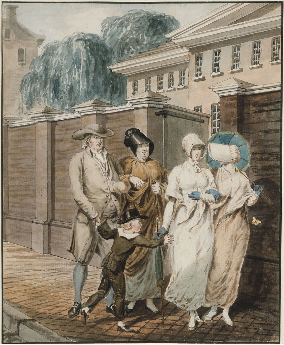 Sunday Morning in front of the Arch Street Meeting House, Philadelphia, Attributed to John Lewis Krimmel (1786–1821), Watercolor, black ink, and graphite on white laid paper, American