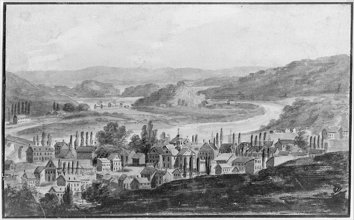 A Town on the Mohawk River in Central New York State (?), Pavel Petrovich Svinin (1787/88–1839), Watercolor and graphite on white laid paper, American