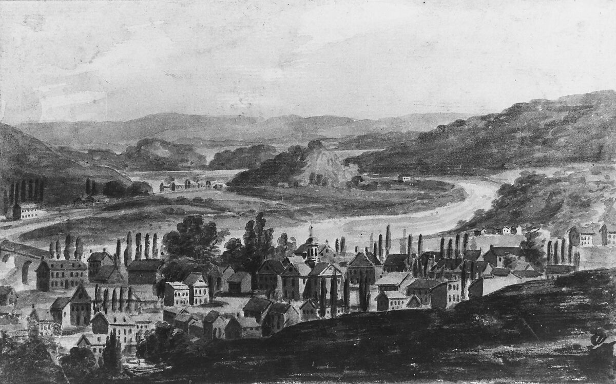 A Town on the Mohawk River in Central New York State (?), Pavel Petrovich Svinin (1787/88–1839), Watercolor and graphite on white laid paper, American 