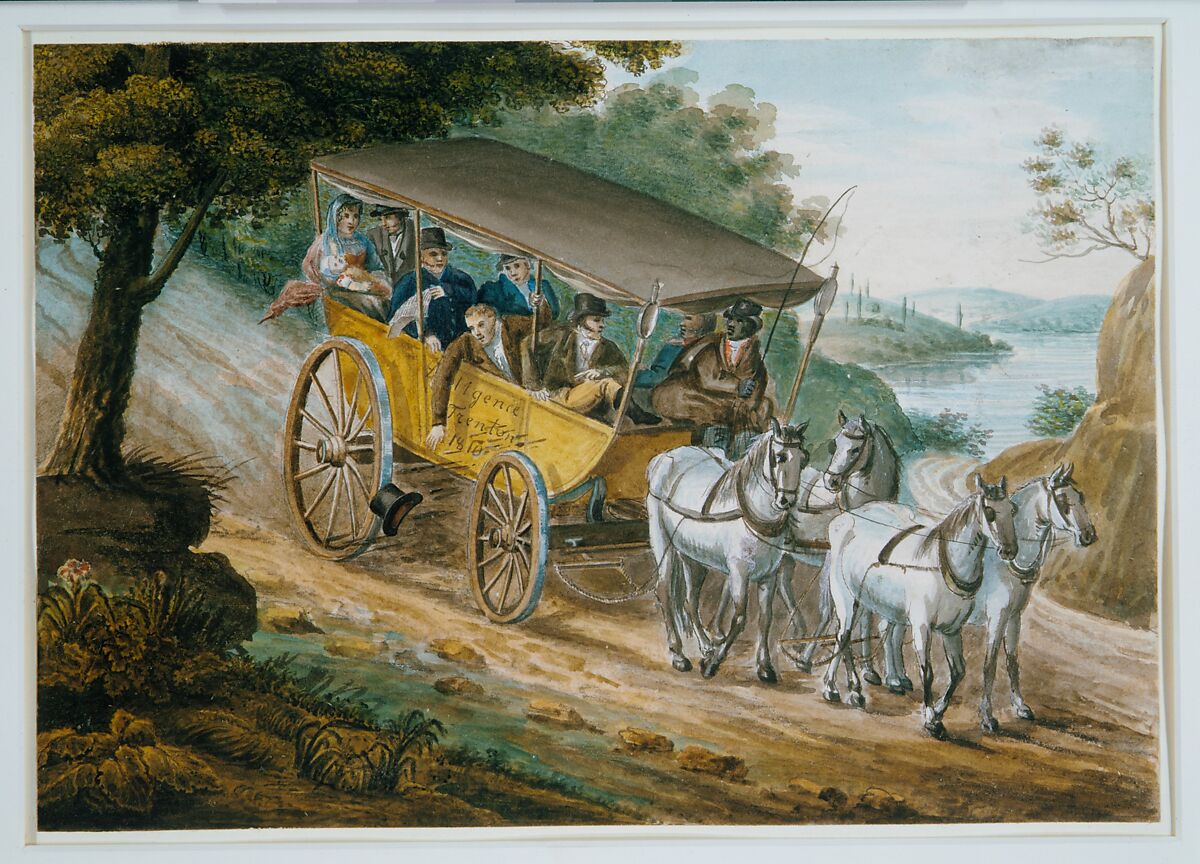 Travel by Stagecoach Near Trenton, New Jersey, Pavel Petrovich Svinin (1787/88–1839), Watercolor, gouache, and pen and ink on off-white wove paper, American