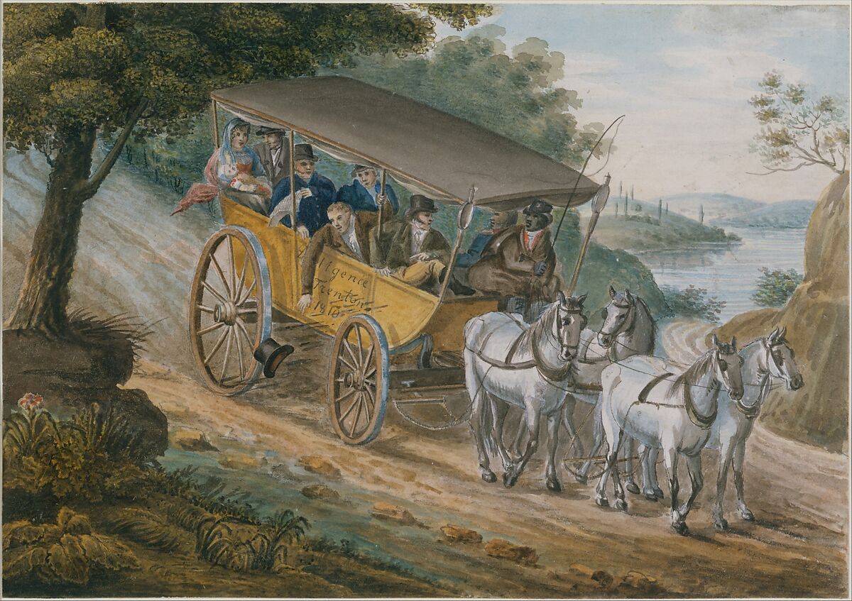 Travel by Stagecoach Near Trenton, New Jersey, Pavel Petrovich Svinin (1787/88–1839), Watercolor, gouache, and pen and ink on off-white wove paper, American 