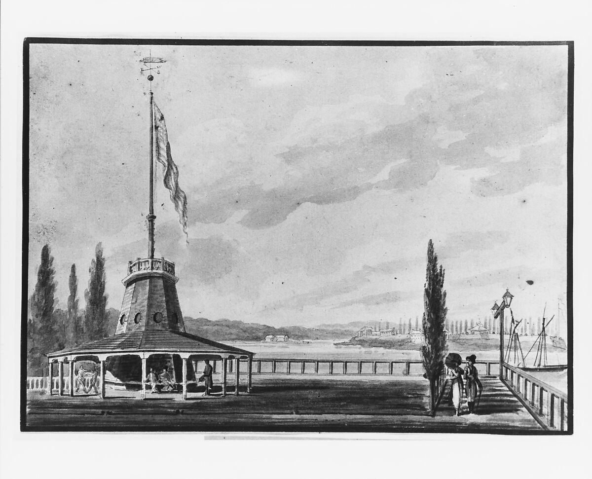 The Traveler's First View of New York—The Battery and Flagstaff, Pavel Petrovich Svinin (1787/88–1839), Watercolor and ink on white wove paper, American