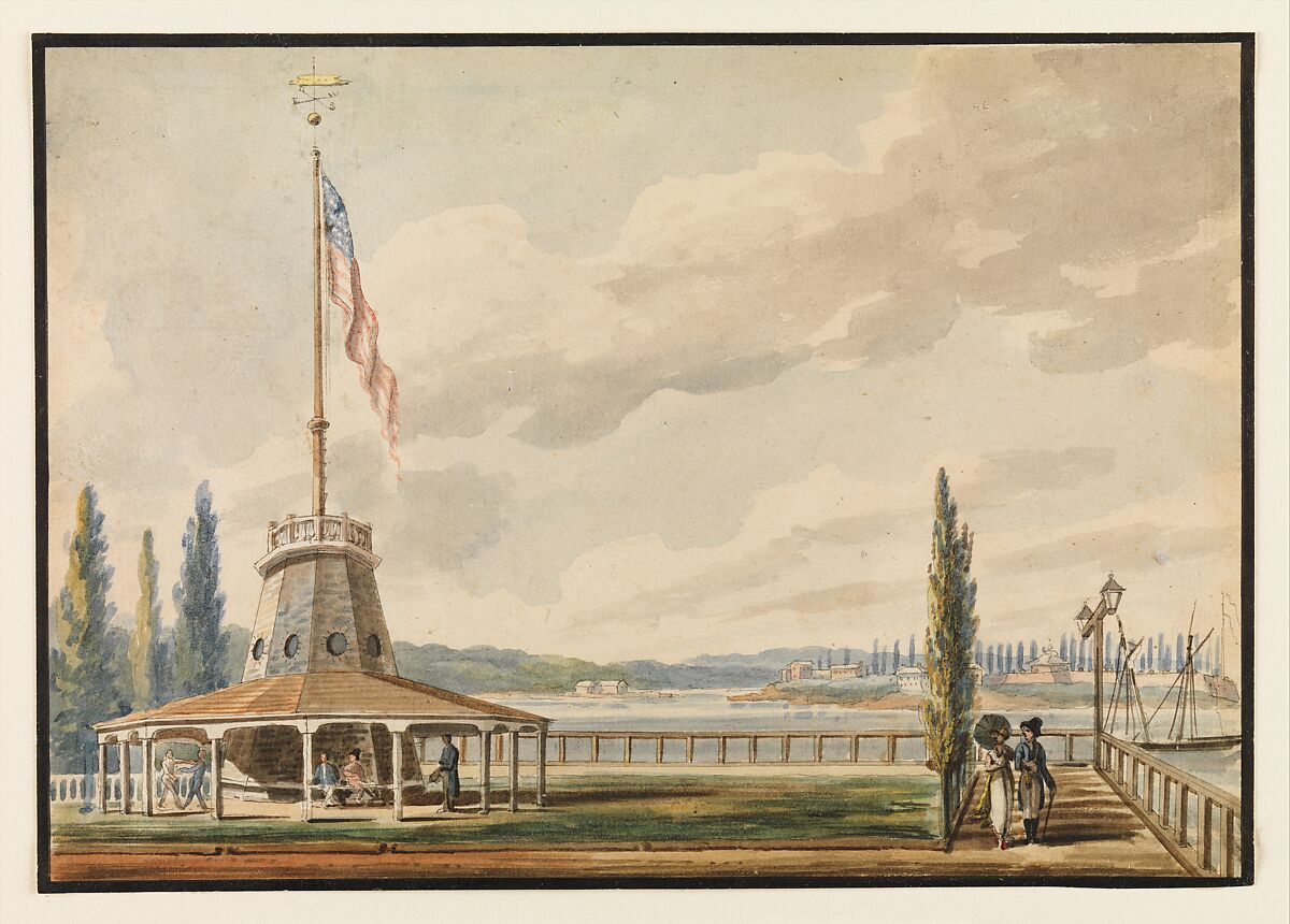 The Traveler's First View of New York—The Battery and Flagstaff, Pavel Petrovich Svinin (1787/88–1839), Watercolor and ink on white wove paper, American 