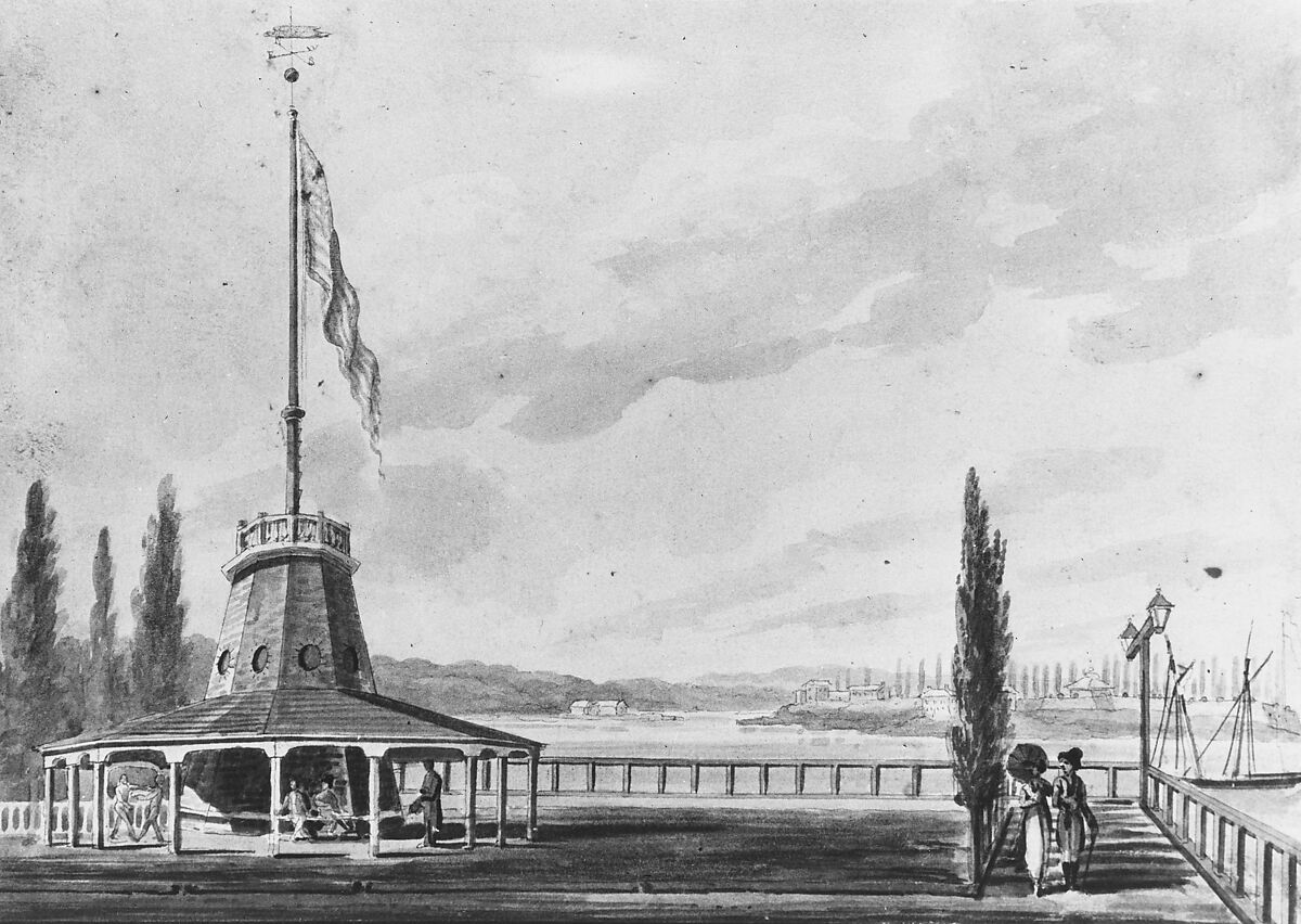 The Traveler's First View of New York—The Battery and Flagstaff, Pavel Petrovich Svinin (1787/88–1839), Watercolor and ink on white wove paper, American