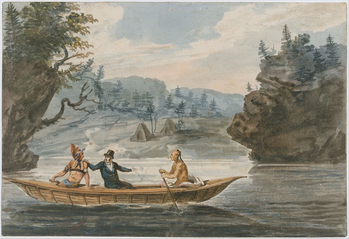 Two Indians and a White Man in a Canoe, Pavel Petrovich Svinin (1787/88–1839), Watercolor and graphite on white wove paper, American 