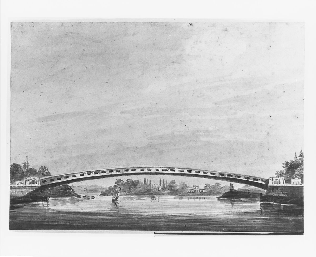 The Upper Bridge over the Schuylkill, Philadelphia—Lemon Hill in the Background, Pavel Petrovich Svinin (1787/88–1839), Watercolor and graphite on white wove paper, American